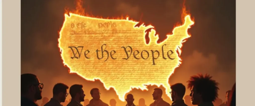 Image of United States map image in yellow-orange with "We The People" overlayed.